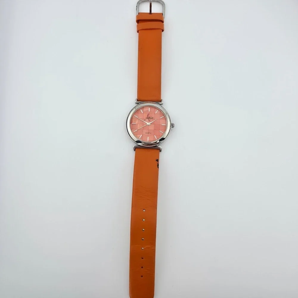 ARIA Ladies Watch 925 Sterling Silver Mother Of Pearl Dial Orange Leather 7.75